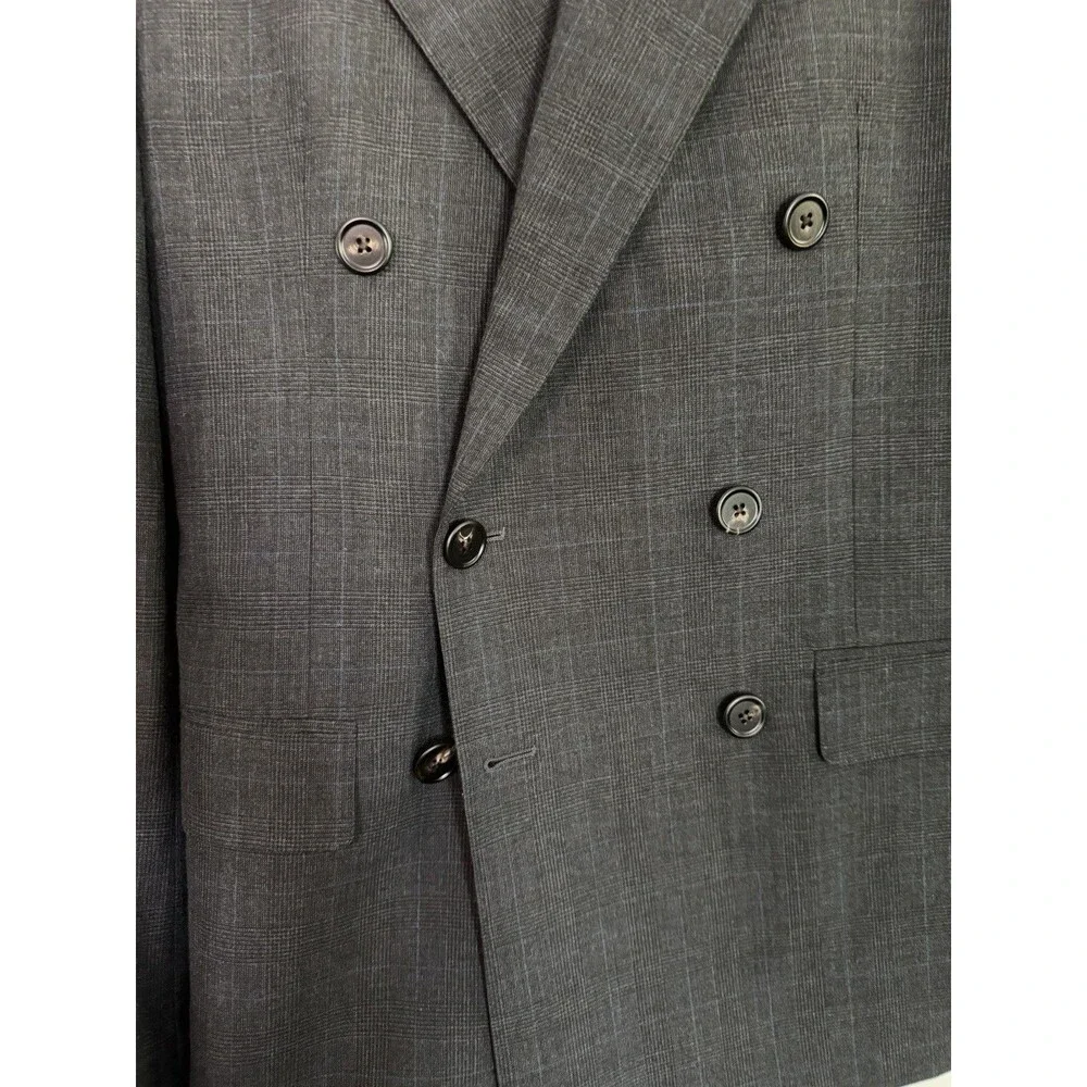 Polo Ralph Lauren 40R Italy 100% Wool Double Breasted Blazer Gray Windowpane
